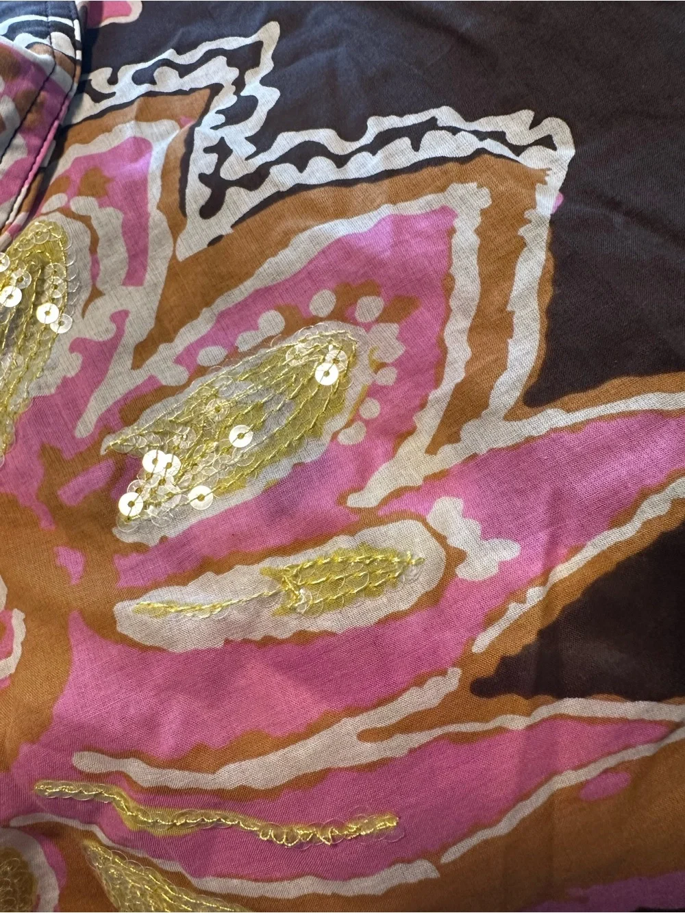 Tory Burch Brown Floral Cotton Tunic with Pink Yellow Flowers and Clear Sequins